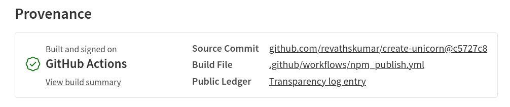 Example of Provenance statement on NPM